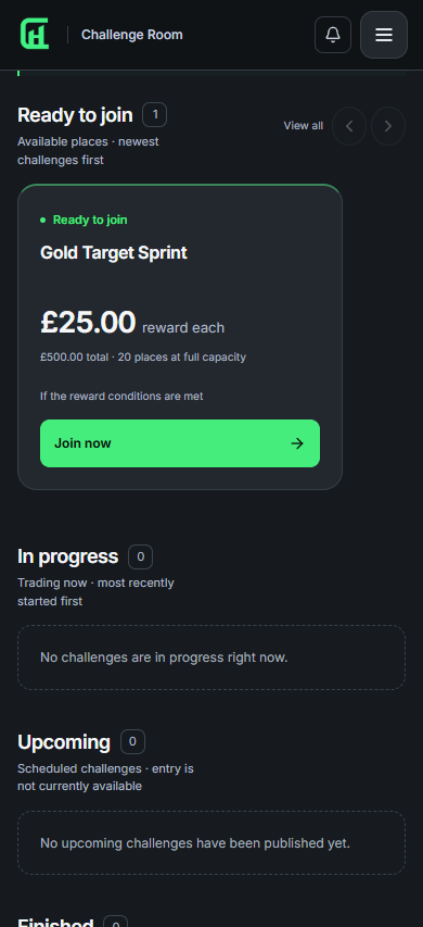 The ChartHigh Challenge Room showing a ready-to-join challenge with a £25 potential share.