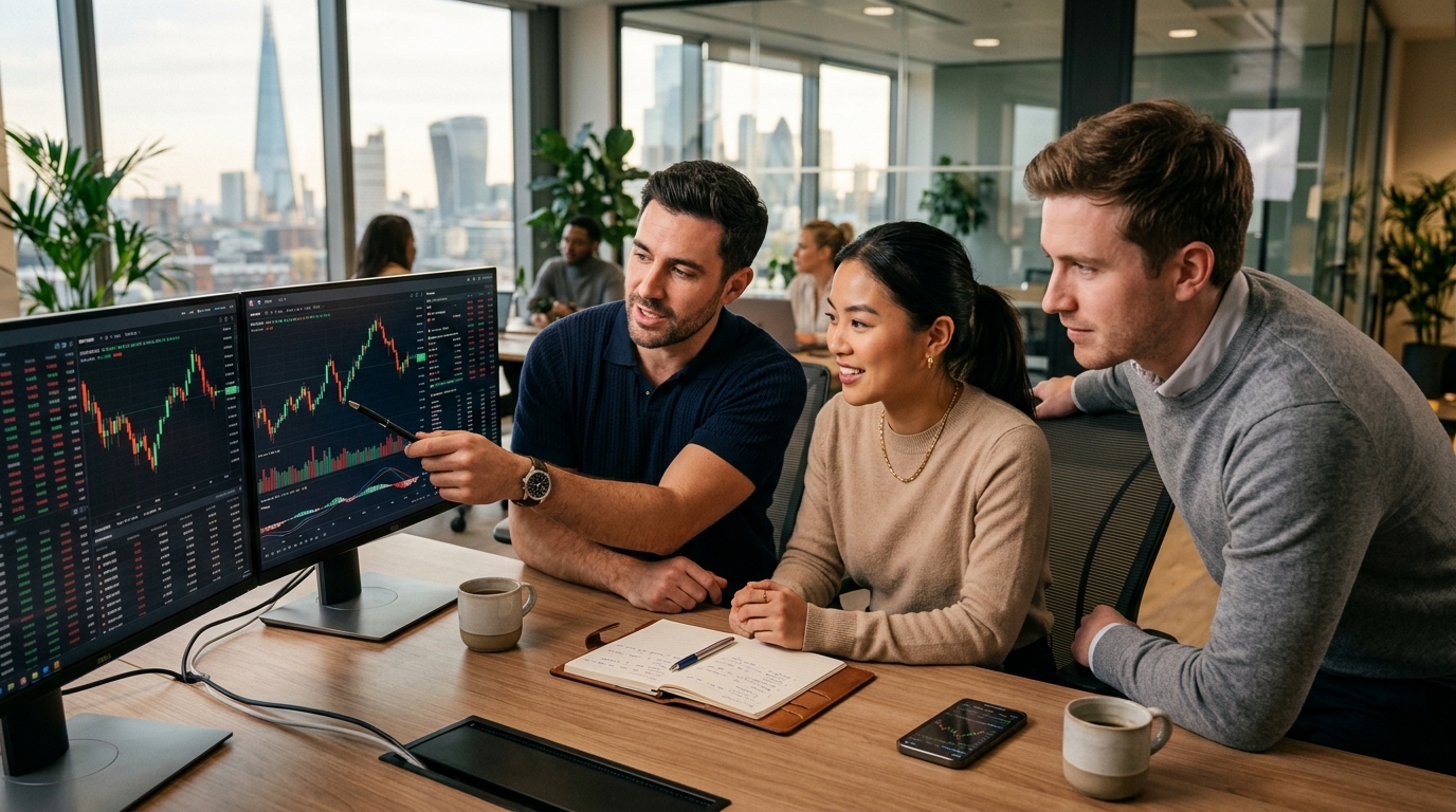 People looking at market charts together